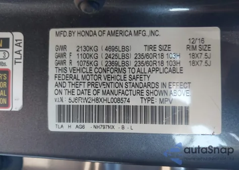 2017 Honda Cr-V Ex-L/Ex-L Navi from USA, damaged, VIN 5J6RW2H8XHL008574